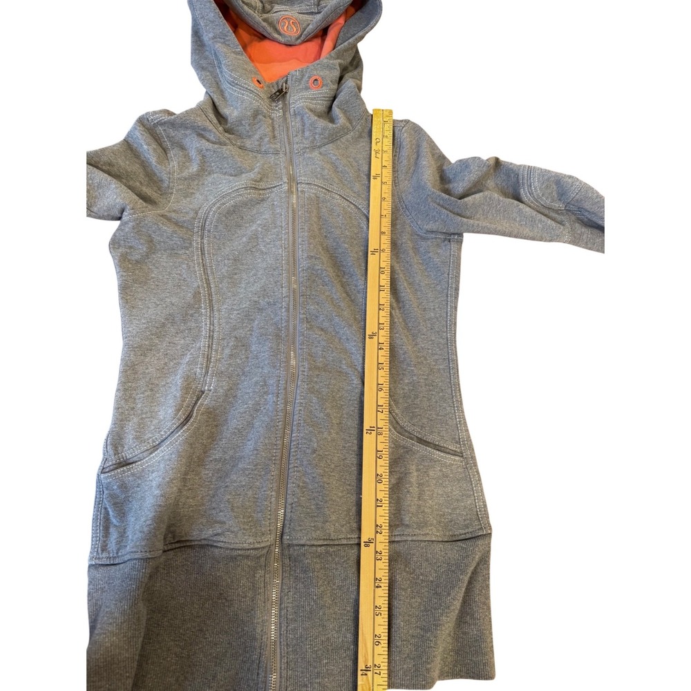 Lululemon Scuba Hoodie Full Zip Heathered Gray Coral Orange Size 8 Thumbholes - Picture 6 of 8